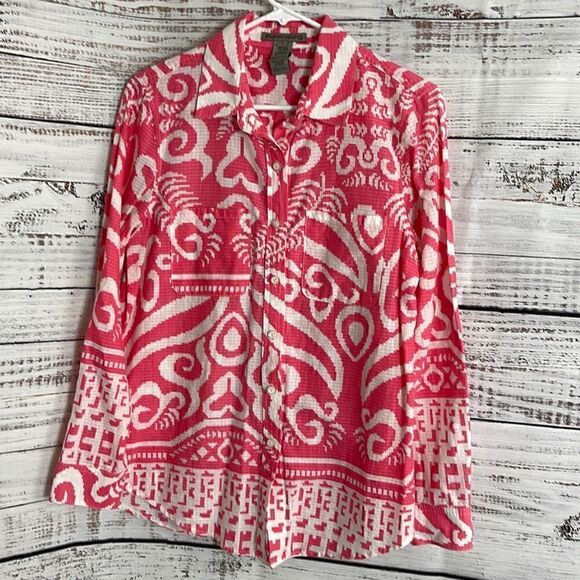 Sharon Young Top womens size small Botton Up Geo Print cotton shirt Boho Blouse - Picture 2 of 10